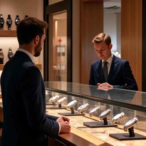 Pelanggan sedang melihat jam tangan mewah di kaunter pameran.